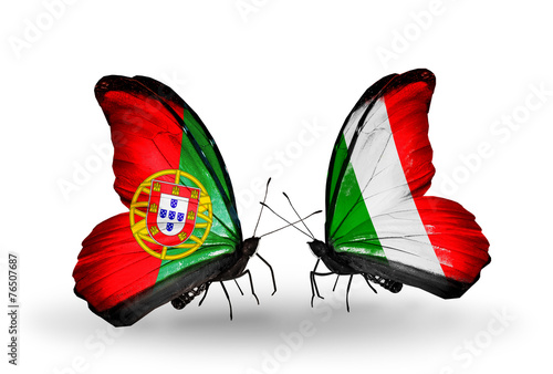 Two butterflies with flags Portugal and Italy