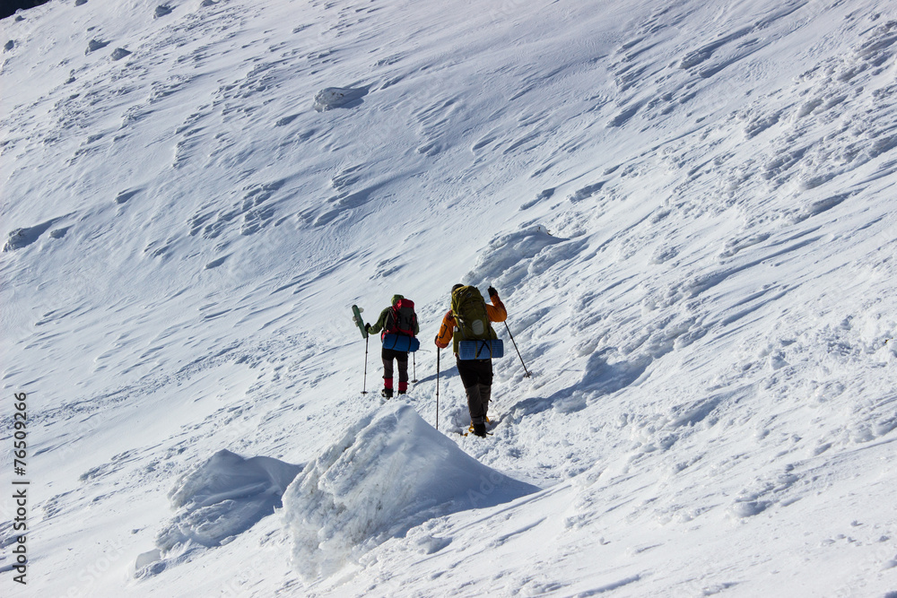 winter hiking in the mountains.