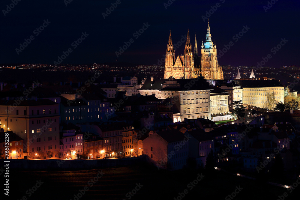 Night winter Prague City with St. Nicholas' Cathedral