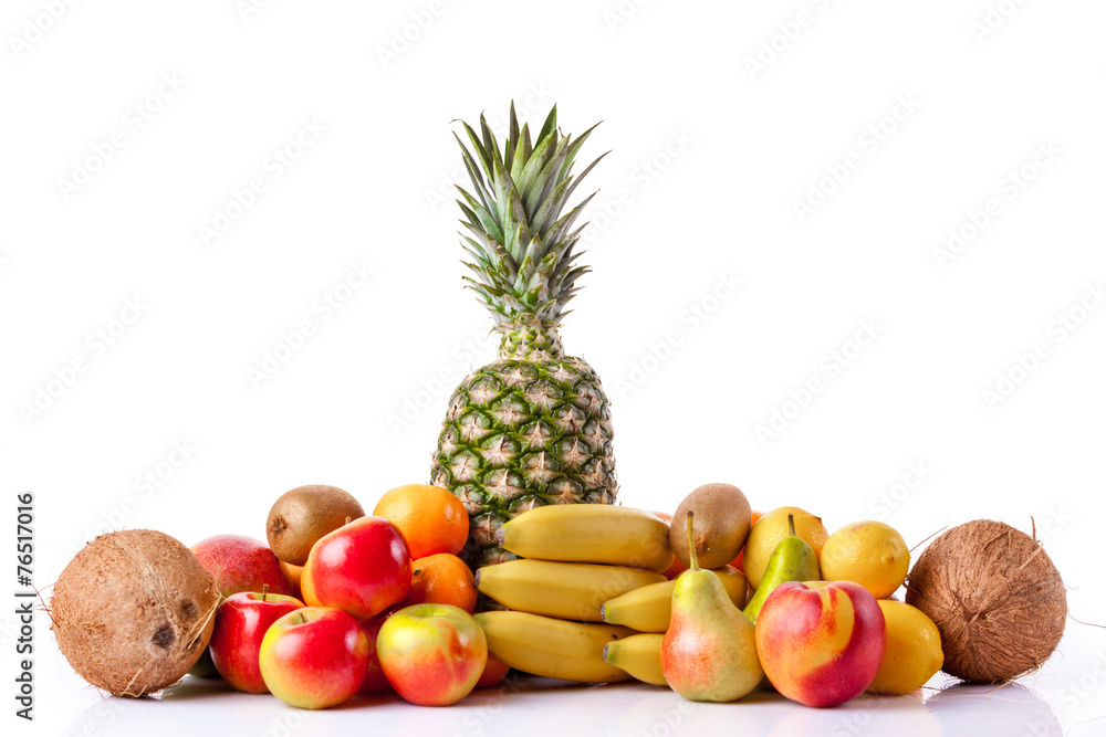 Fresh fruits isolated on a white . Set of different fresh fruits