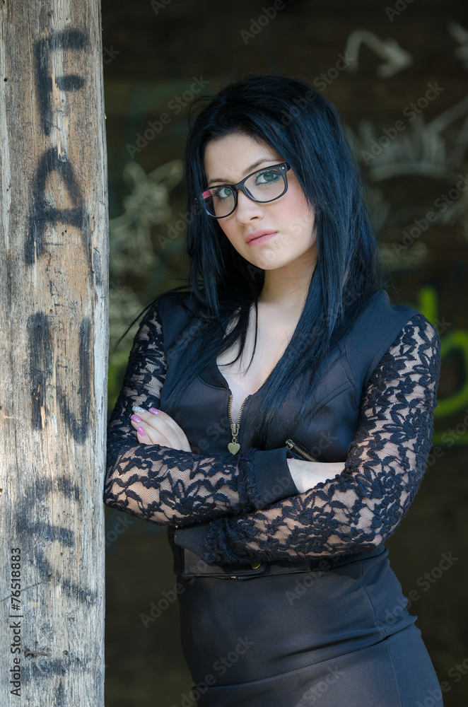 Round face lady with glasses and black clothes Round face lady with glasses and black clothes
