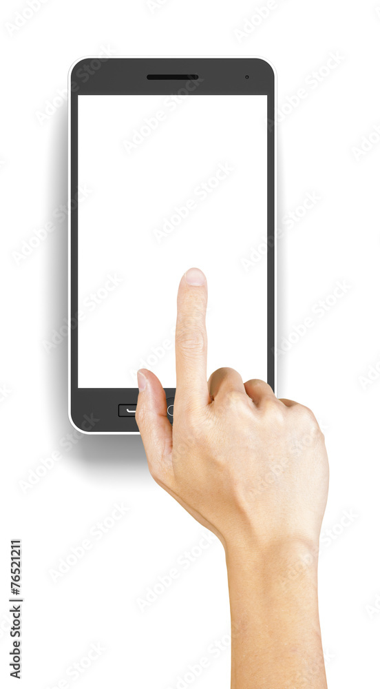 Hand clicking a generic 3d rendered smartphone with copyspace