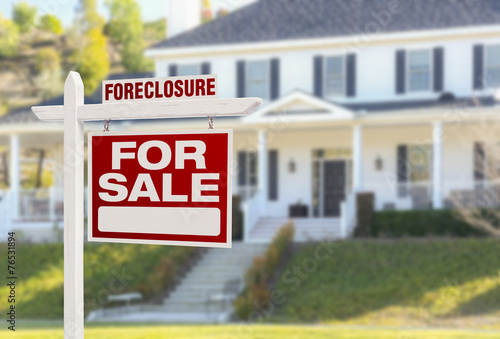 Foreclosure Home For Sale Sign in Front of Large House photo
