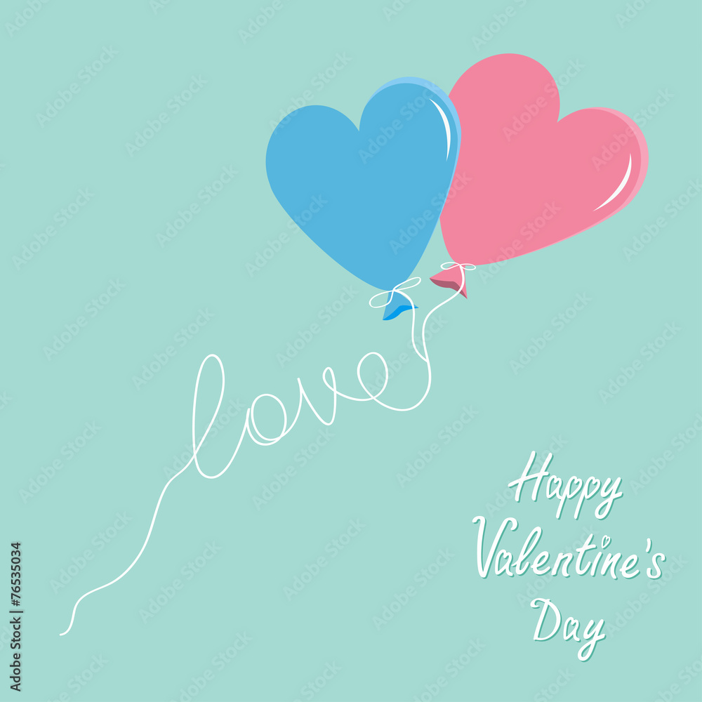 Blue pink balloons heart love thread Flat design Valentines day