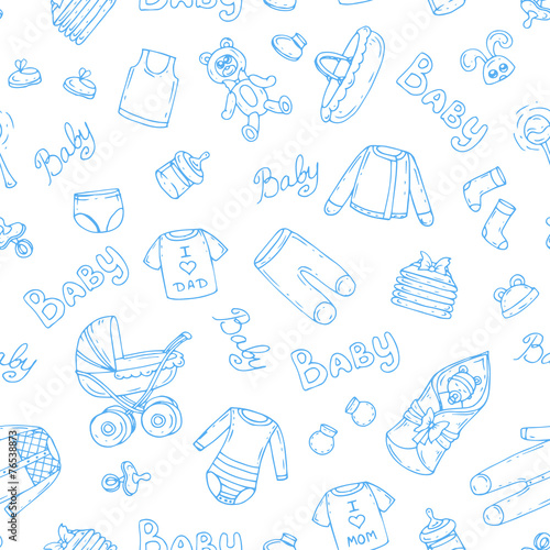 Vector pattern with symbols of newborn boy on white color