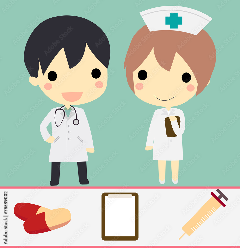 cute doctor and nurse with drug clipboard and syringe