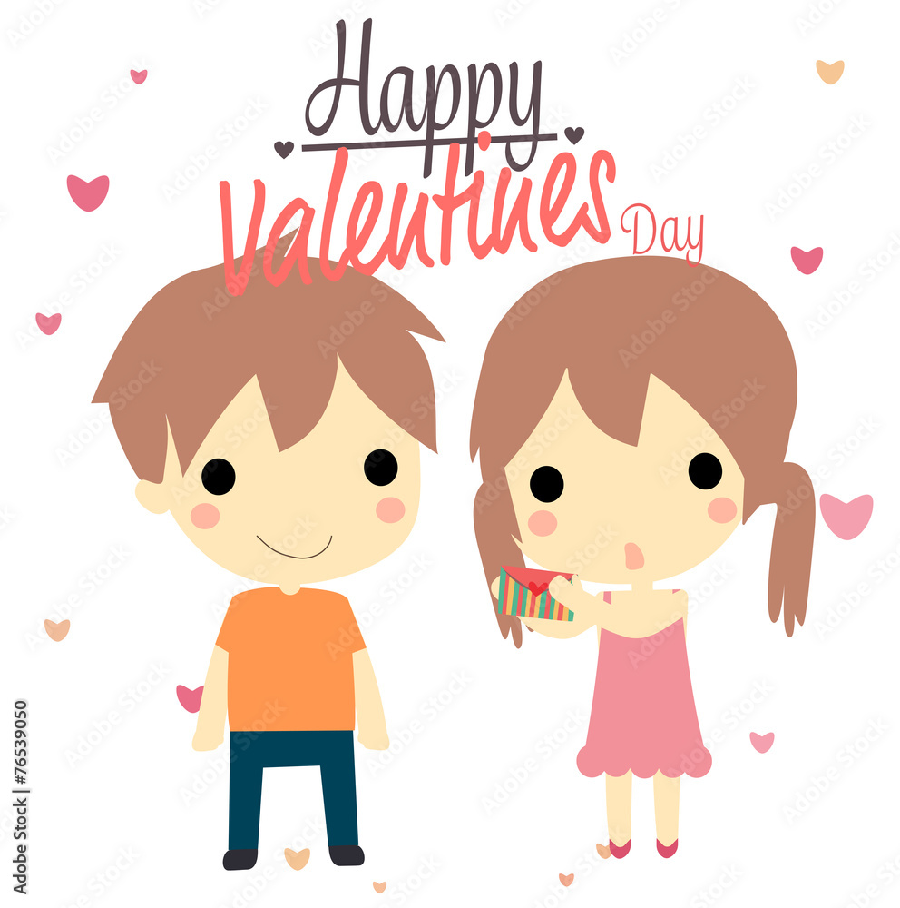 little boy and girl with text happy valentines day.cute vector little boy and girl with text happy valentines day.cute vector