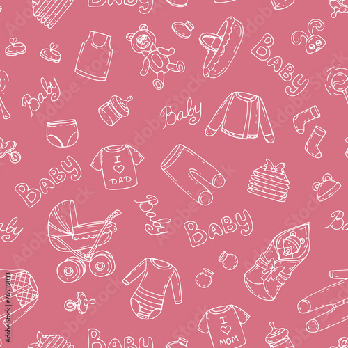 Vector pattern with symbols of newborn girl on pink color