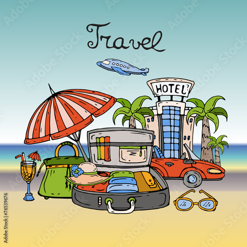 Vector illustration with hand drawn symbols of summer and travel