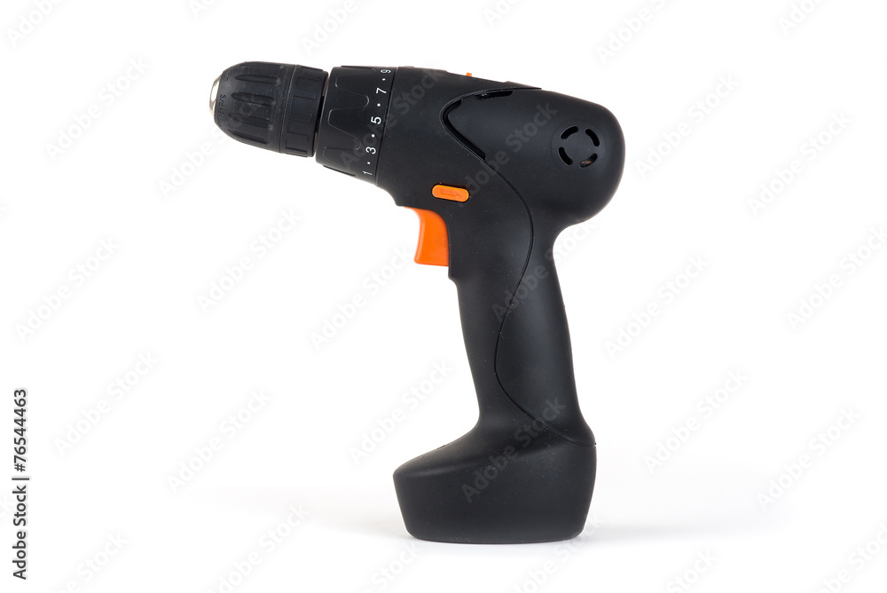 Drill with orange hand on white background. Drill with orange hand on white background.
