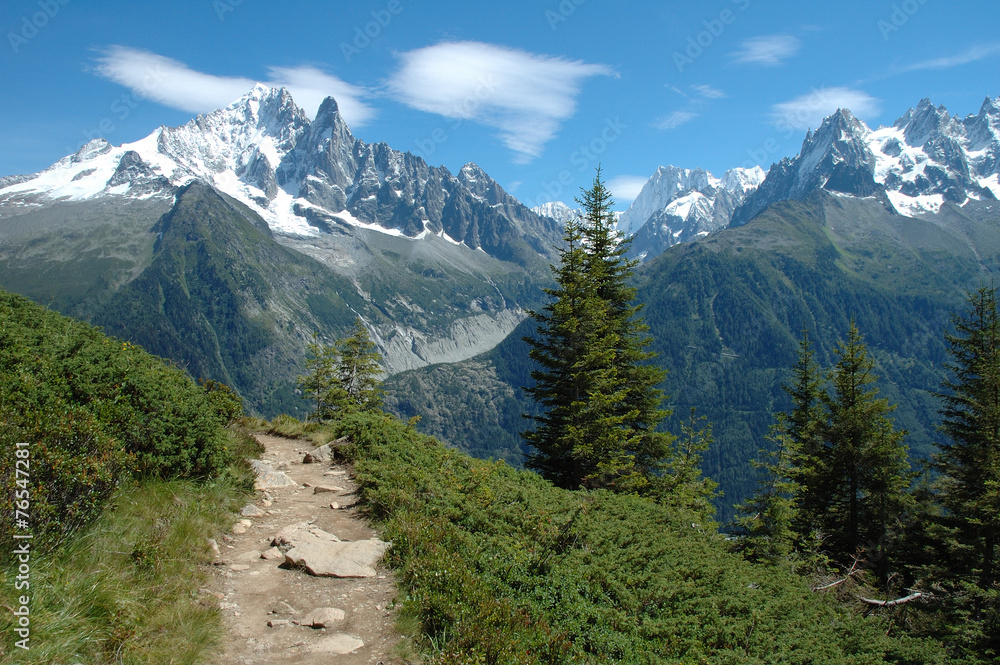 Trail and peaks nearby Chamonix in Alps in France