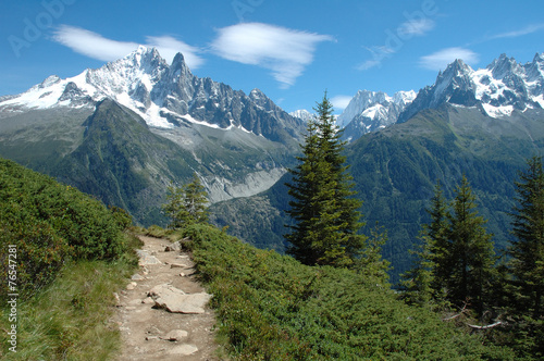 Trail and peaks nearby Chamonix in Alps in France