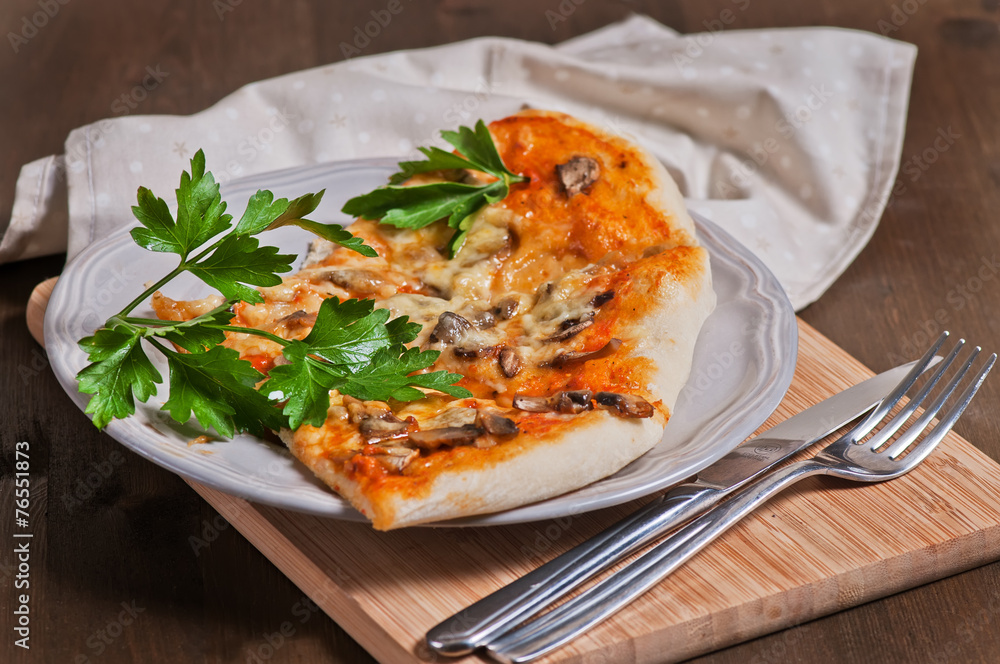 Delicious italian pizza served on wooden table Delicious italian pizza served on wooden table