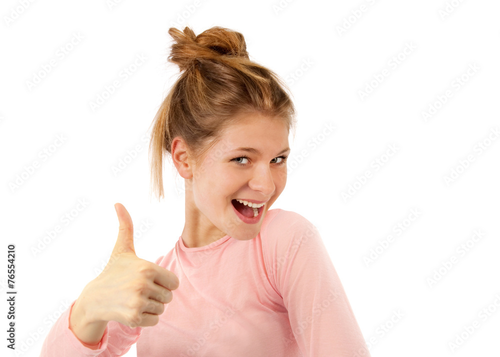 Happy young woman shows finger Happy young woman shows finger