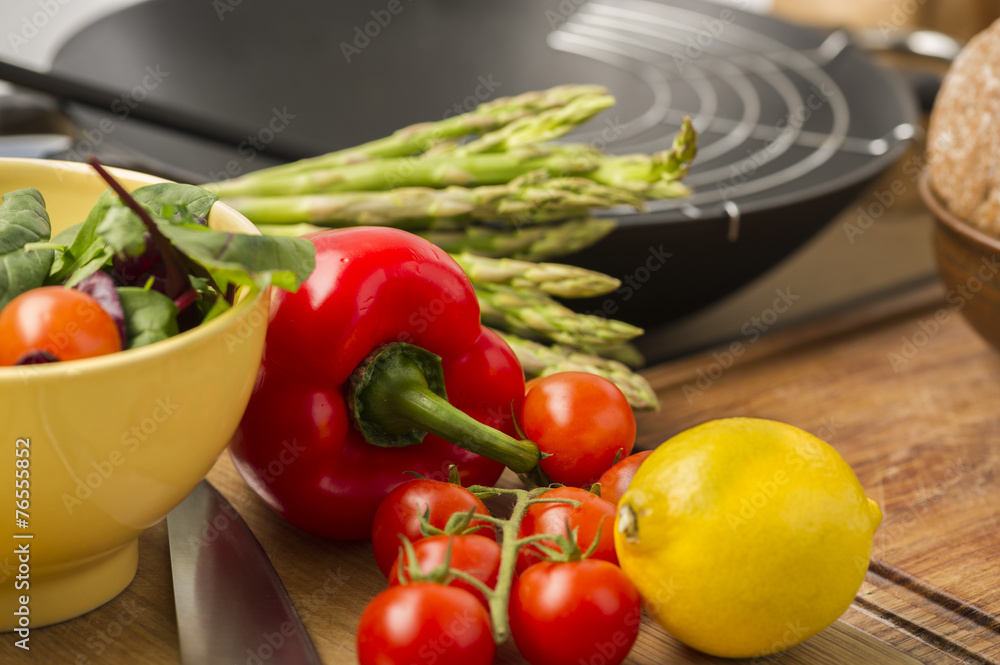 Fresh vegetables and ingredients in a kitchen Fresh vegetables and ingredients in a kitchen
