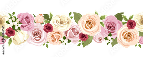 Horizontal seamless background with roses and lisianthus flowers