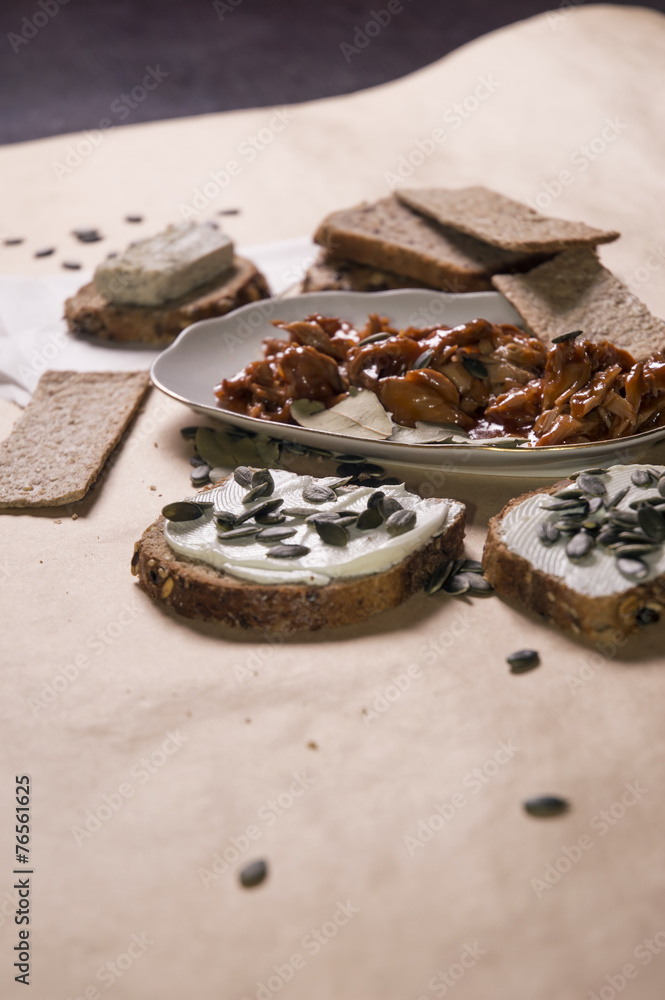 Healthy meal made of tuna fish, bread and seeds Healthy meal made of tuna fish, bread and seeds
