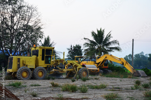 Machine on Land for construction at sunset time
