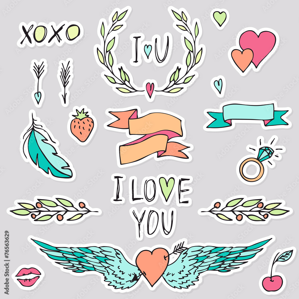 Naklejka premium Valentines day stickers set with hearts, arrows, lips, angel