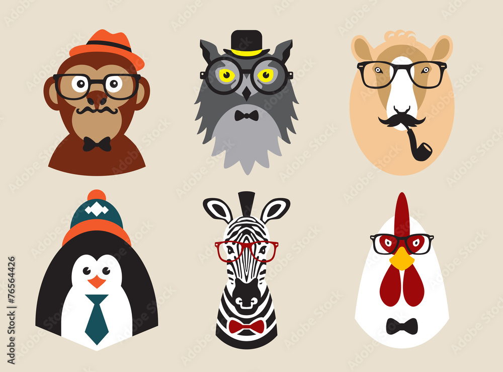 Cute fashion Hipster Animals pets, set of vector icons Cute fashion Hipster Animals pets, set of vector icons