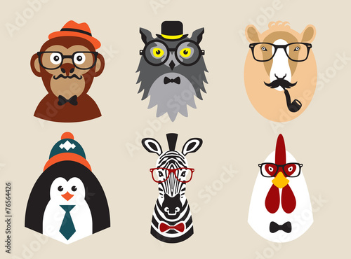 Cute fashion Hipster Animals pets  set of vector icons