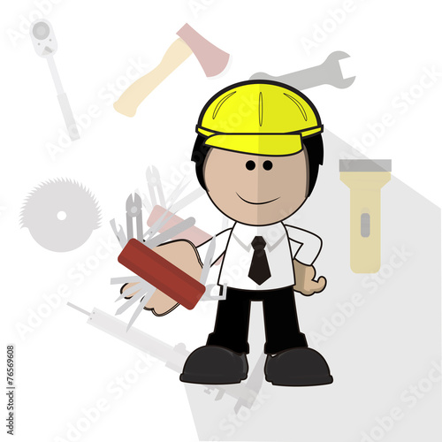 engineer with his Swiss Army knife over background with tools ic photo