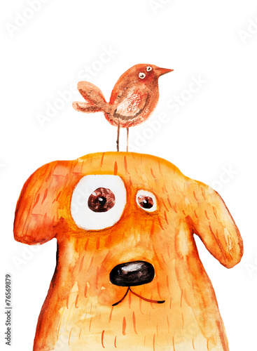 Red dog with bird. Watercolor. Hand drawing