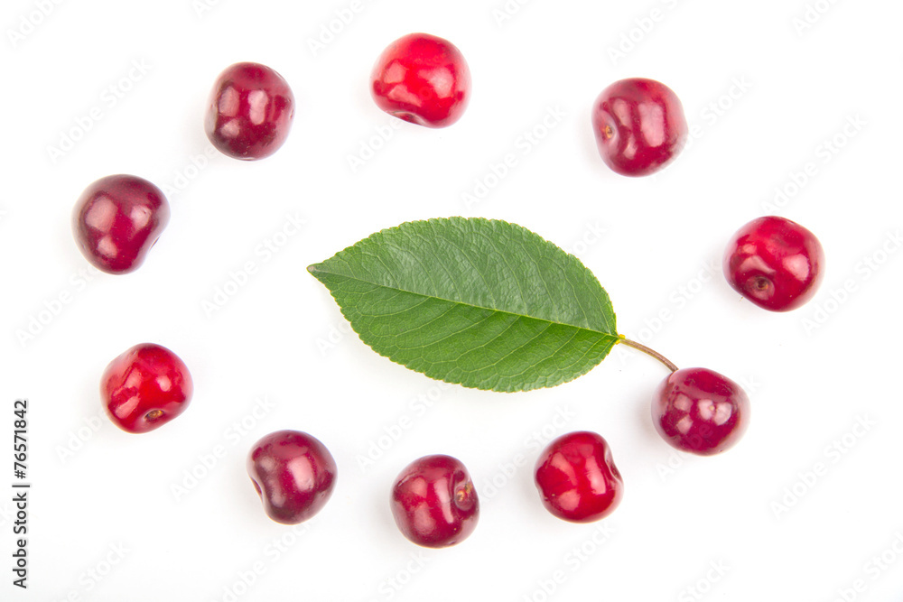 Cherry fruit with beautiful leaf with high Vitamin C in round co Cherry fruit with beautiful leaf with high Vitamin C in round co
