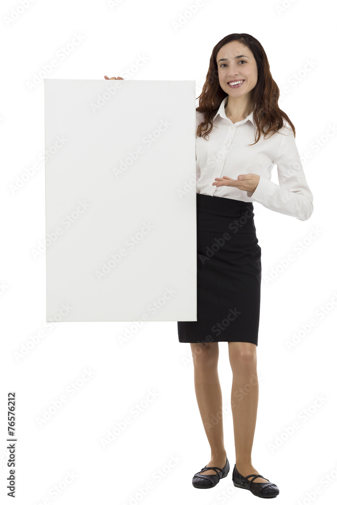 Business woman holding a white blank advertising placard Business woman holding a white blank advertising placard