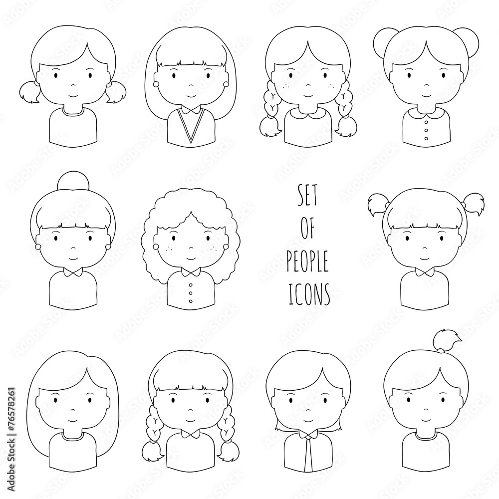 Set of line female faces icons. Funny cartoon hand drawn faces Set of line female faces icons. Funny cartoon hand drawn faces
