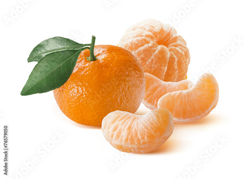 Mandarin and peeled slices group isolated on white background
