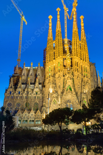 The illuminated Sagrada Familia in Barcelona, Spain