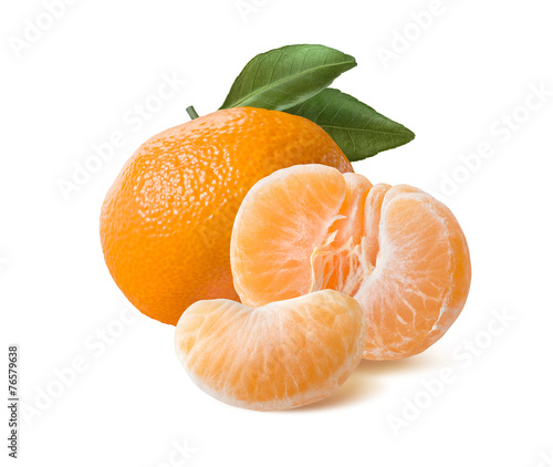 Whole mandarin peeled half and slice isolated on white