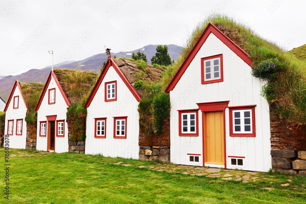 Old architecture typical rural turf houses, Iceland, Laufas Old architecture typical rural turf houses, Iceland, Laufas
