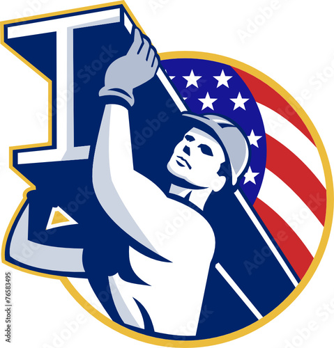 Construction Steel Worker I-Beam American Flag