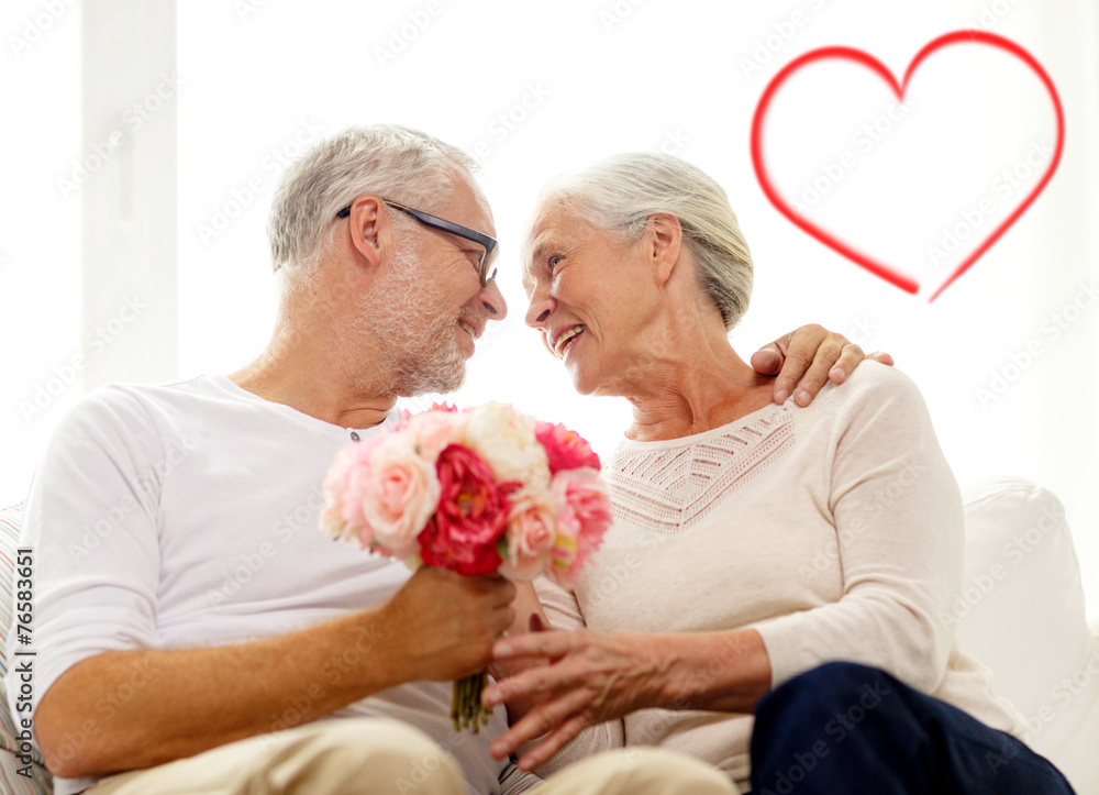 happy senior couple with bunch of flowers at home happy senior couple with bunch of flowers at home