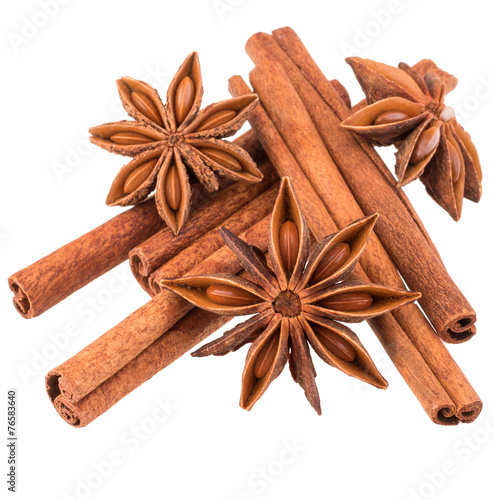 cinnamon stick and star anise spice isolated on white background