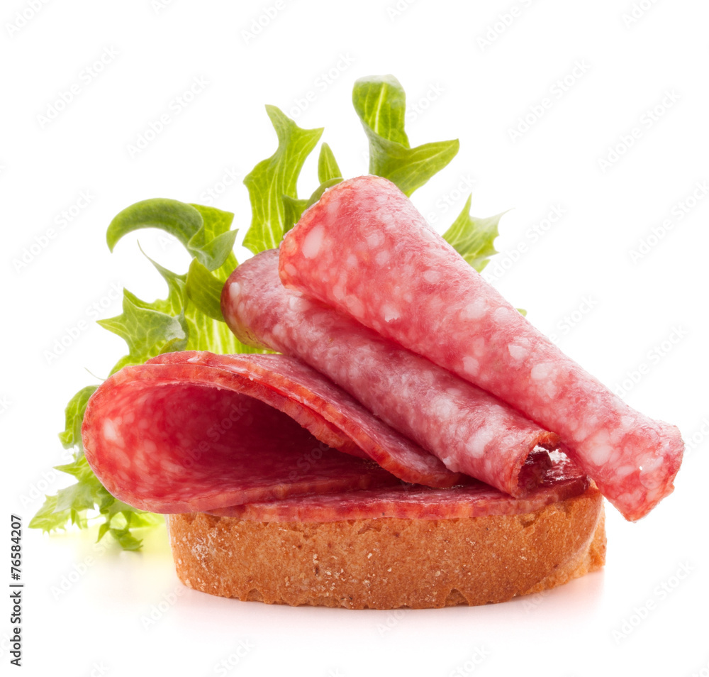 sandwich with salami sausage on white background  cutout