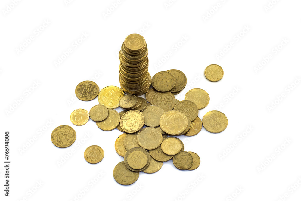 Ukrainian money and pennies on a white background Ukrainian money and pennies on a white background