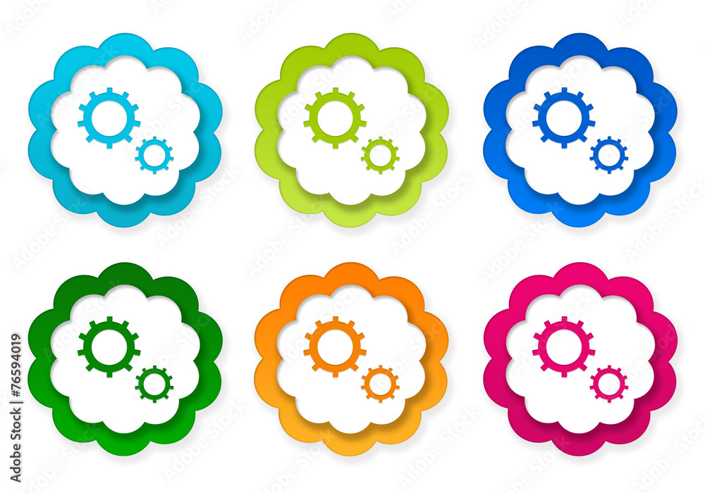Set of colorful stickers icons with gears symbol Set of colorful stickers icons with gears symbol