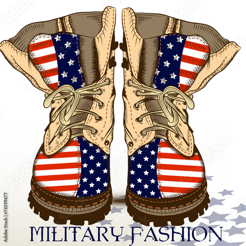 Fashion hand drawn boots in military style with USA flag