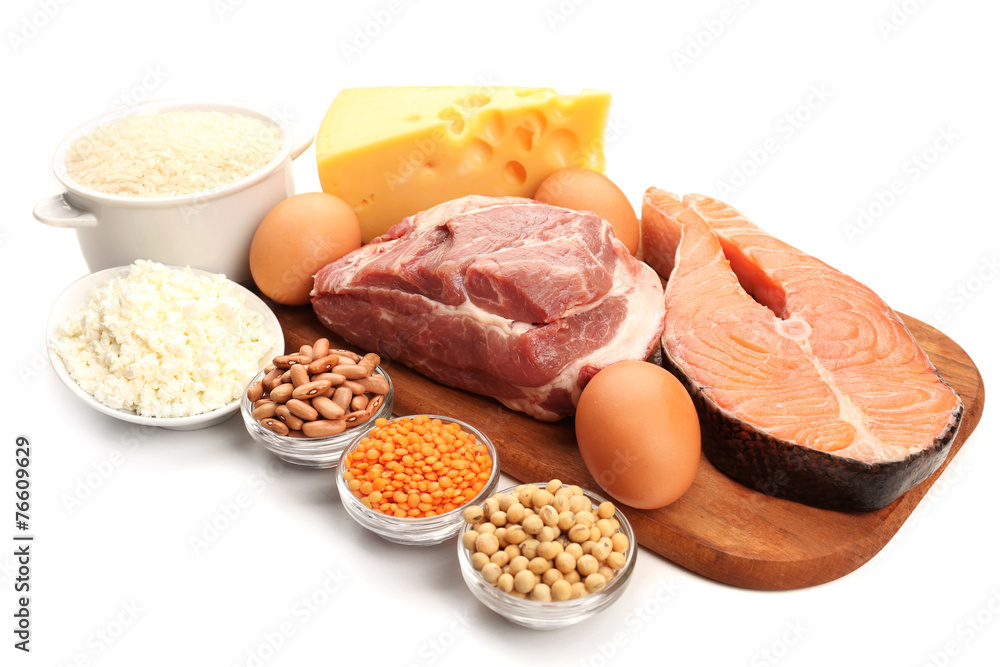 Food high in protein isolated on white - obrazy, fototapety, plakaty 