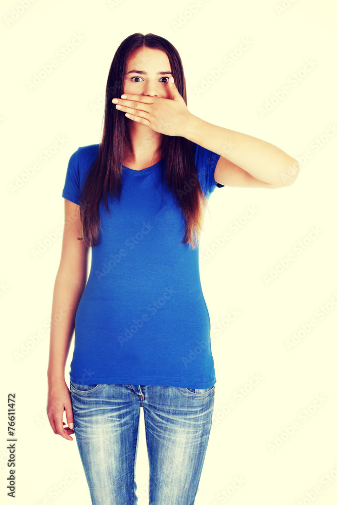 Woman having her hand on mouth. Woman having her hand on mouth.