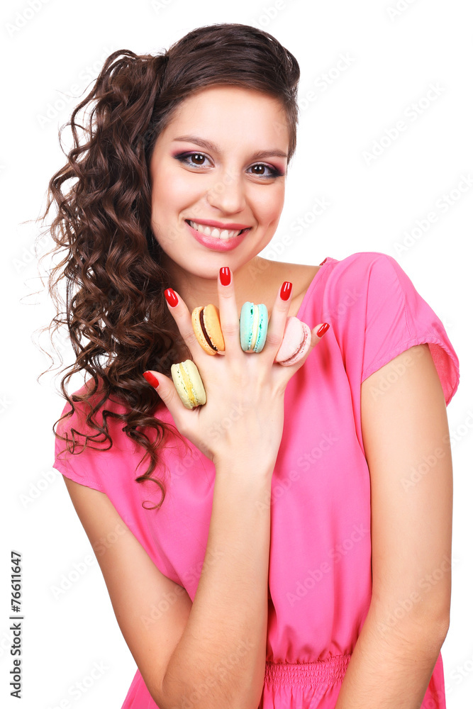 Young beautiful girl with tasty macaroon isolated Young beautiful girl with tasty macaroon isolated