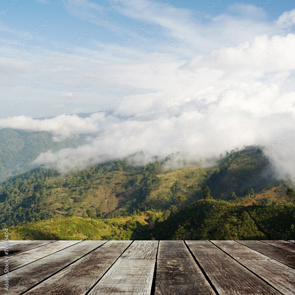 wooden table perspective mountain and sky background wooden table perspective mountain and sky background