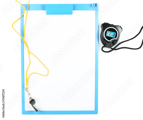 Clipboard with sports equipment isolated on white