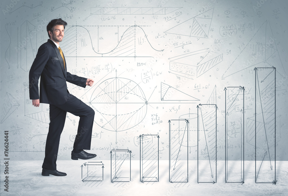 Business man climbing up on hand drawn graphs concept Business man climbing up on hand drawn graphs concept