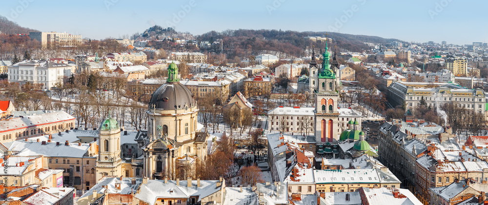 Lviv in winter. Beautiful morning panorama