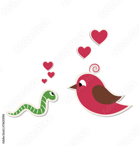 Cute loving worm and bird isolated on white background