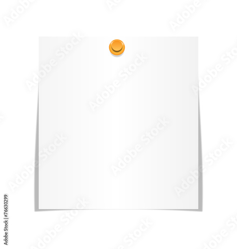 White paper sheet for memo with pin isolated on white background